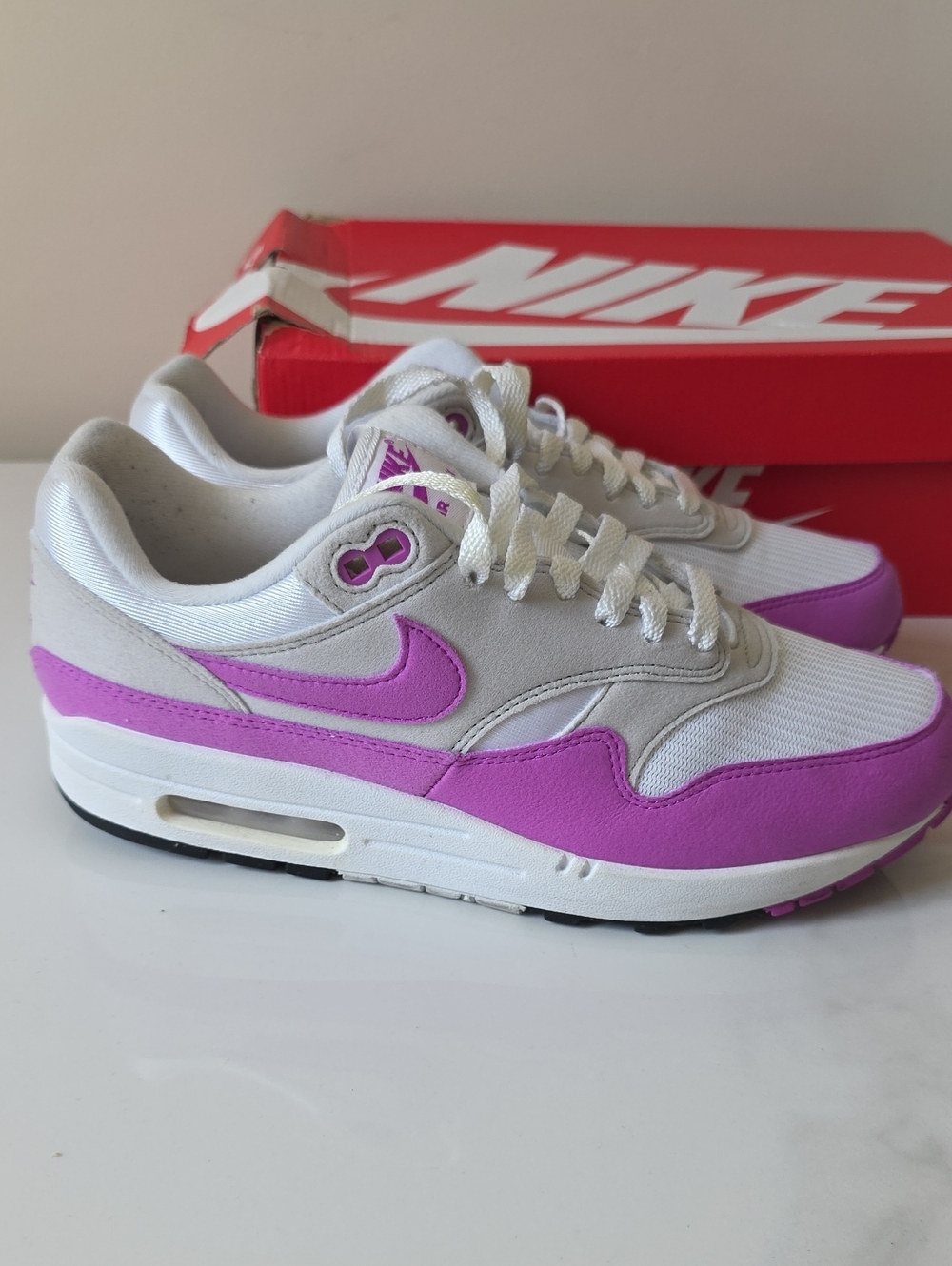 Nike Women’s Air Max 1 White & Purple/Fuchsia Sneakers